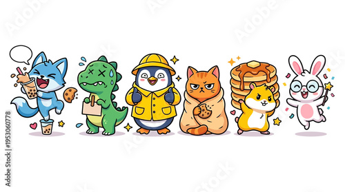 Cartoon animals in a row standing.