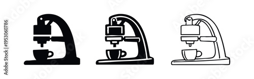 Manual Espresso Coffee Machine Icons, Vintage Coffee Maker Symbol Set, Home Barista Brewing Device