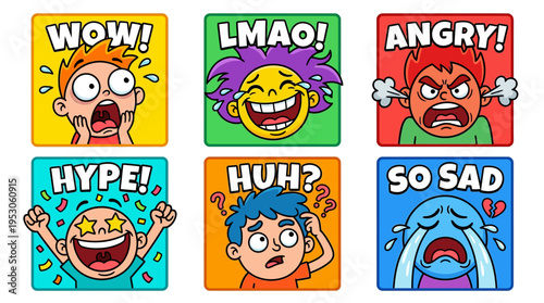 Emotions faces with text expressions.