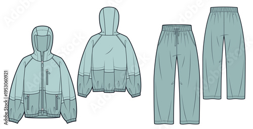 Unisex Hooded Tracksuit Fashion Flat Technical Drawing, Zip Up Jacket and Wide Leg Pants Set, front and back view.