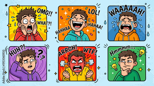 Man faces different emotional expressions.