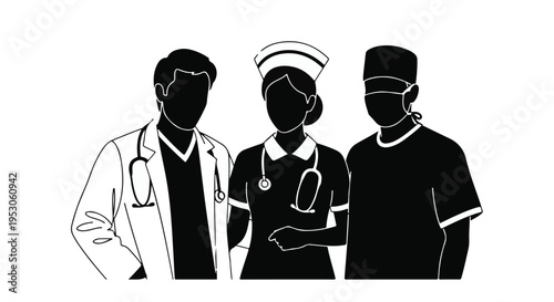 Medical professionals team standing together doctor nurse and healthcare worker in silhouette