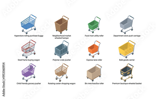 Collection of diverse shopping carts and trolleys in isometric view