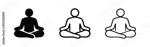 Meditation lotus pose icon set, yoga person sitting in cross-legged position for mindfulness