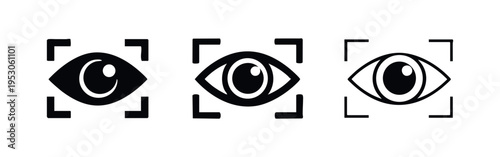 Eye scan icon set, biometric security and surveillance technology, digital vision and identity verification vector illustration