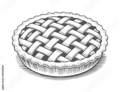 Black and white of a woven crust pie lattice baking