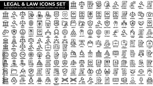 Legal & Law Icons Set of 240 Vector Outline Icons in Modern Clean Line Style for Justice, Attorney, Court, and Business Concepts