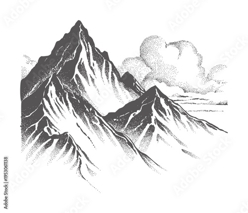Black and white stippled of mountain peaks and clouds mountains stippling dotwork