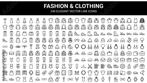 Fashion and Clothing 240 Elegant Vector Line Icons Set for E-commerce, Retail, Apparel, Accessories, Website, and Mobile App Design