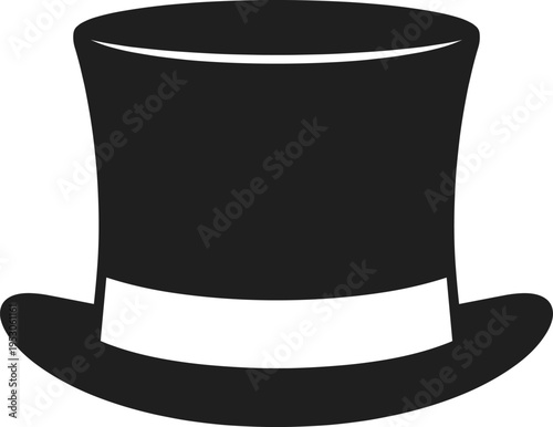 Classic black top hat silhouette, vintage gentleman headwear vector illustration isolated on white background, magic performer hat fashion accessory.