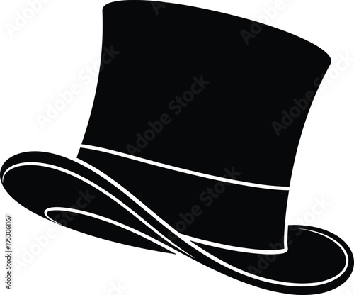 Classic black top hat vector illustration, elegant vintage gentleman headwear icon, formal retro fashion accessory for magic and weddings.