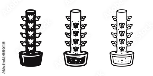 Vertical Garden Hydroponic System Icon Set. Stackable Planter or Grow Tower Icons for Urban Farming and Smart Agriculture.