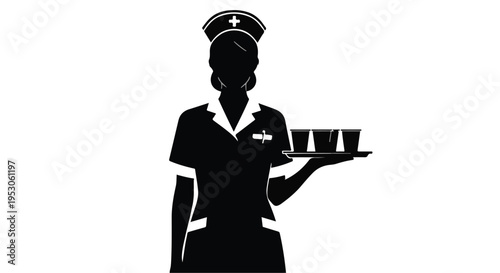 Silhouette of female waiter or waitress in uniform holding tray with cups in restaurant or cafe setting