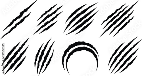 Claw scratch marks, solid silhouette vector illustrations, wild animal rip symbols, monster predator slash signs, tiger attack graphics, horror design elements, sharp talon wounds