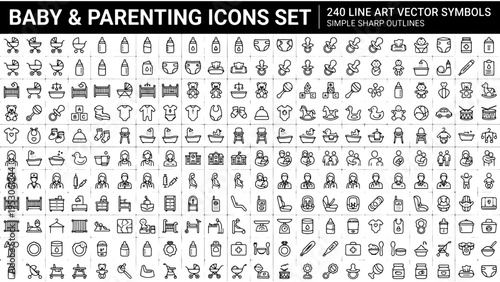 Baby & Parenting Icons Set, 240 Line Art Vector Symbols, Simple Sharp Outlines vector illustration