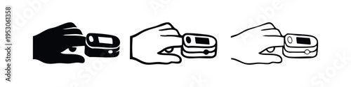 Hand holding pulse oximeter for oxygen saturation and heart rate measurement icon set