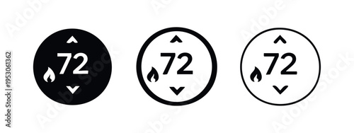 Digital thermostat temperature control icons with 72 degrees, flame, and adjustment arrows