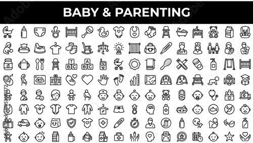 Set of 100 Baby & Parenting line icons vector, featuring essential newborn care, childcare, and family-related symbols for web, app, and marketing designs, isolated on white background.