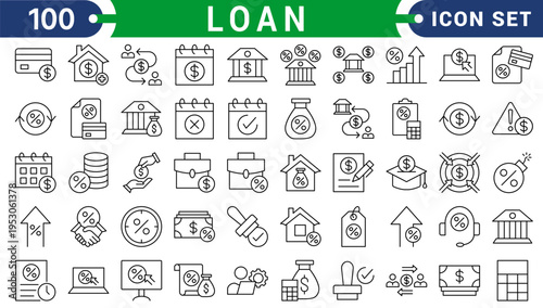 Set of 50 outline icons related to loan, lending, credit. Linear icon collection. Editable stroke. Vector illustration