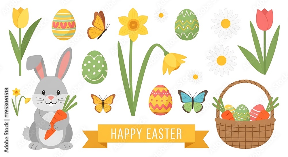 Fototapeta premium Colorful illustrated Easter elements bunny, eggs, flowers, butterflies, basket & ribbon
