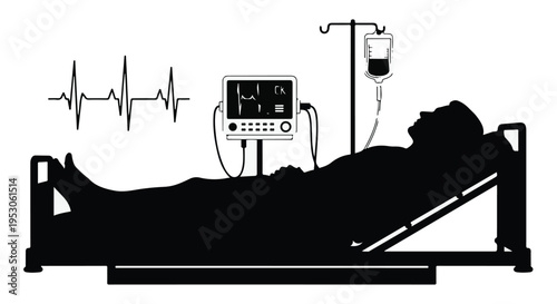 Patient lying in hospital bed with medical monitor and IV drip silhouette