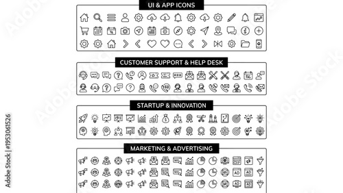 Set of 160 Black Outline UI & App, Customer Support, Startup & Innovation, Marketing & Advertising Vector Icons for Web and Mobile Interfaces