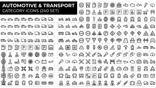 Automotive and Transport Category Icons Vector Set of 240 Black Outline Line Art Symbols for Web, App, and UI Design