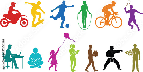 Colorful lifestyle silhouettes, people active sports, outdoor recreation activities, fitness healthy hobby, family fun leisure, diverse human figures, urban life scene