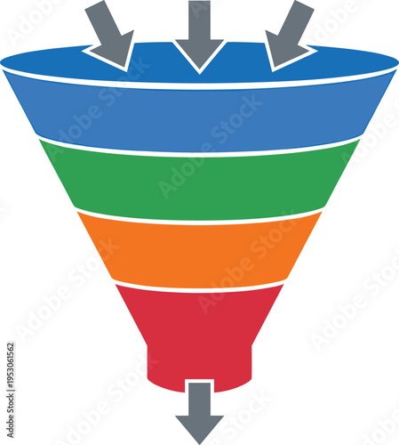 Colorful multi-layer sales funnel diagram for business marketing strategy, conversion process chart with arrows, professional flat vector illustration,