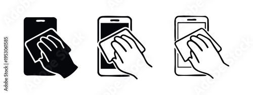 Hand Cleaning Smartphone Screen Icon Set. Mobile Phone Disinfection Vector. Device Wipe Pictogram for Hygiene.