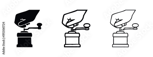 Hand Operating Manual Coffee Grinder Icon Set - Freshly Ground Coffee Preparation and Barista Lifestyle Illustration