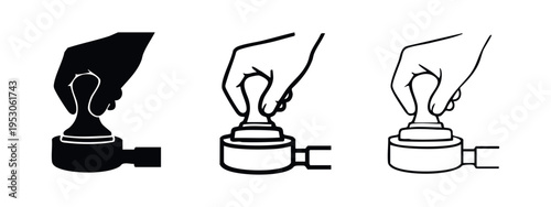 Hand Pressing Coffee Grounds with Espresso Tamper Icon Set - Professional Barista Equipment and Coffee Making Process