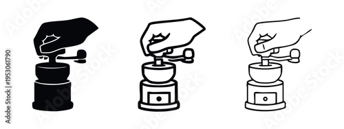 Hand Grinding Fresh Coffee Beans with Manual Grinder Icon Set - Traditional Coffee Preparation and Morning Ritual Symbol