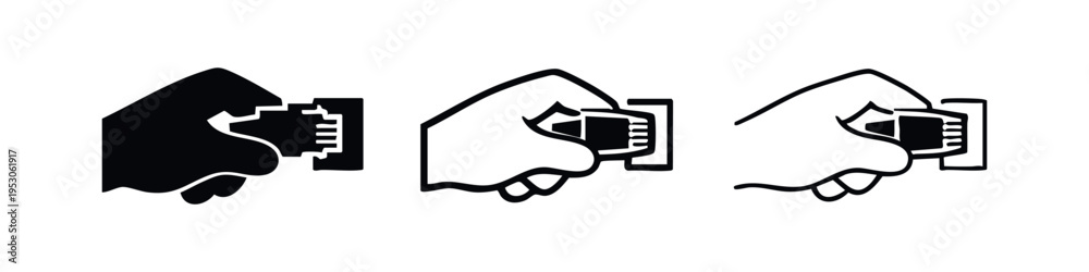 Obraz premium Hand inserting a multi-pin data connector into a port, symbolizing electronic connection and data transfer. Icon set.