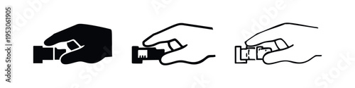Hand connecting a coaxial cable or round plug, representing audio, video, or RF signal connection. Icon set.