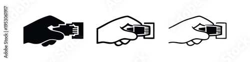 Hand inserting a multi-pin data connector into a port, symbolizing electronic connection and data transfer. Icon set.