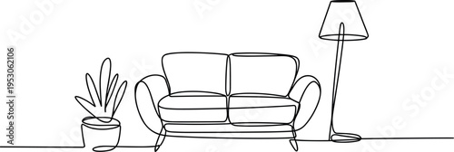 Minimalist line drawing of a cozy living room corner with a couch and floor lamp