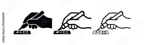 Hand Inserting Chip Card into Reader Icon Set, Digital Data Input and Access Symbol