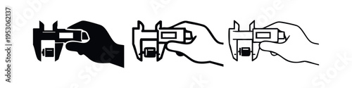 Hand holding a digital caliper for measurement icon set; Precision engineering and quality control symbol