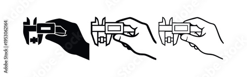 Hand Holding Caliper Measuring Tool Icon Set, Precision Measurement Instrument Symbol