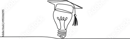 Graduation cap placed atop a light bulb illustration symbolizing enlightenment