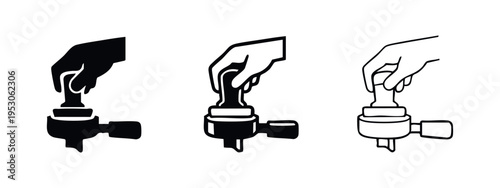 Hand Tamping Coffee with Portafilter Icon Set, Barista Espresso Symbol