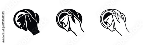 Hand cleaning headphone ear cup icon set for hygiene, maintenance, and audio equipment care.