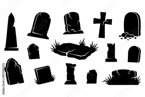 Black cemetery headstone silhouettes with cracked stone