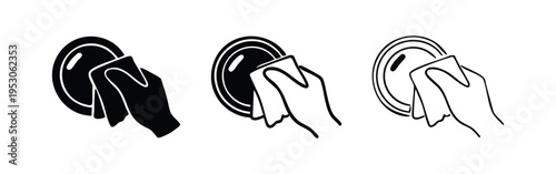 Hand cleaning a plate or dish with a rag icon set for kitchen chores, hygiene, and domestic tasks.