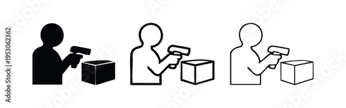 Person scanning a barcode on a box with a scanner icon set for inventory, logistics, and retail operations.
