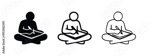 Person sitting cross-legged and writing in a notebook icon set for study, creativity, or work.
