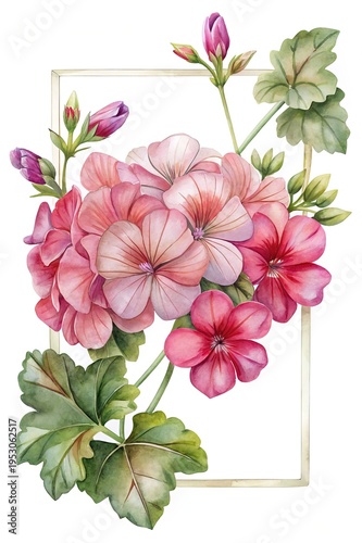 Wallpaper Mural Watercolor Illustration of Pink Geranium Flowers with Gold Frame on White Background Torontodigital.ca