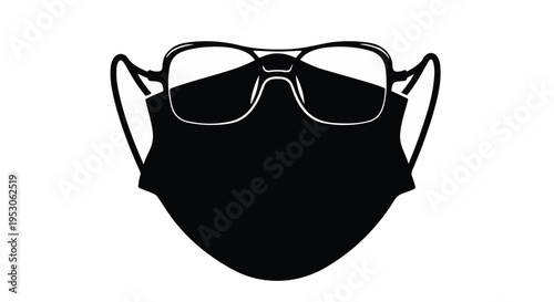 Black face mask with glasses isolated on white background, protective medical mask with eyeglasses, health safety concept