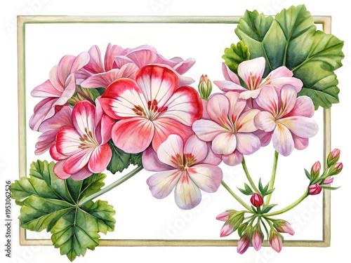 Wallpaper Mural Watercolor Painting of Pink and Red Geraniums within a Green Rectangular Frame Torontodigital.ca